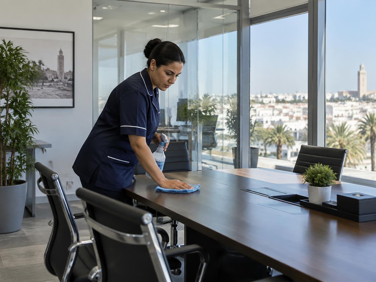 Professionnelle nettoyant une salle de réunion à Rabat